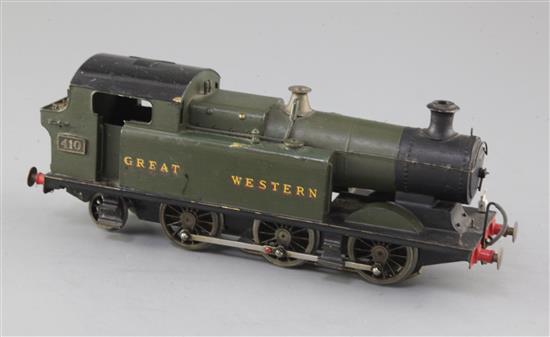 A scratch built GWR Prairie O gauge 0-6-2 locomotive, green livery, number 410, 3 rail and skate, 25cm